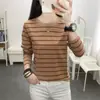 Roupas de primavera e outono, blusa de algodão com cobertura de barriga, camiseta de manga comprida, feminina, solta, plus size, listrada, roupas de outono, camisa de base interna fina