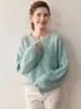 Suéter de Tricô Liso de Fio Duplo com Bolso Diagonal Suéter Grosso Camisa Base Suéter de Caxemira Engrossado Feminino Gola Redonda Estilo Solto Preguiçoso