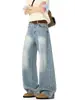 Calça jeans masculina estilo americano azul lavada de perna larga, corte reto solto, calça longa versátil, vintage desgastada, levemente alargada, calça comprida até o chão