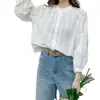 Camisa redonda de jacquard bordado estilo vintage francés para mujer, con un diseño único, mangas tipo linterna de patchwork y un look juvenil estilo muñeca