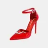 Nuevos tacones de aguja rojos de strass sexy y de moda, de estilo europeo y americano, zapatos de salón destalonados de punta abierta, sandalias de tira única estilo francés para mujer