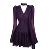 Vestido morado de gasa con cuello en V y manga larga para mujer, principios de otoño, corte ajustado, elegante, falda corta, estilo maduro y sofisticado, vestido de línea A que ajusta la cintura