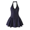 Vestido sexy de cuello en V profundo, ribete con volantes, cuadros azules, sin espalda, ajustado, de cuello halter, falda acampanada, corte slim, minifalda para una chica hot
