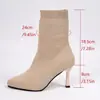 Botas calcetín de punto elástico con punta fina y tacón de aguja transfronterizas para mujer, botas cortas ajustadas de tejido fly-knit, tacones altos, temperamento, moda, botas para mujer