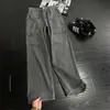 Jeans workwear plissado retro americano para homens, calça de perna curva lavada com bolso grande da moda, calça reta de perna larga micro-flare