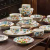 Juego de Cuenco y Plato Cerámico Serie Floral Fresca y Elegante, Vajilla de Color Bajo Esmalte a Alta Temperatura para Uso Doméstico, Perfecto para Regalo de Inauguración