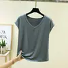 Nueva camiseta fina de verano para mujer con cuello en V y manga corta de seda ecológica, adecuada para usar en capas, estiliza la figura y se puede usar como prenda exterior con diseño de hombro normal