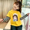 Algodão Puro Primavera e Outono Estilo Fino Meninas Patchwork Camada Base Camisa Tendência Estilo Coreano Bebê Estiloso Fofo Desenho Animado Divertido Gola Redonda Manga Longa