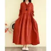 Nuevo Vestido Artístico Vintage Otoño 2026, Estilo Bosque Corte Holgado, Cuello Fruncido, Por Encima de la Rodilla, Falda Completa, Vestido Largo de Color Sólido