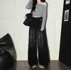 Pantalones Anchos de Pierna Recta con Gradiente Retro Negro y Gris con Pedrería, Cintura Alta y Cordón, Jeans Estilo Callejero Adelgazantes, Pierna Recta Holgada, Largo hasta el Suelo