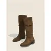 Hebilla de Cinturón Plisada Botas de Caballero Apiladas para Mujer Otoño/Invierno 2026 Nuevas Botas Altas de Tacón Grueso Antideslizantes Botas Largas Vaqueras