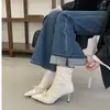 Botas Curtas de Salto Agulha com Laço e Bico Fino da Moda Francesa para Mulheres 2026 Novas Botas da Moda Botas Elásticas Botas de Salto Alto Botas Slim para Mulheres