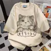 Camiseta de Verão com Estampa Graffiti de Gato Divertida para Mulheres, Solta, Preguiçosa, Casual, Versátil, Gola Redonda, Tops para Casais