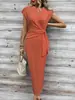 Vestido Largo Rayado de Cuello Redondo y Manga Corta con Cinturón Estilo Elegante Transfronterizo Vestido de Verano para Mujer