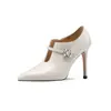 Nuevos Tacones de Aguja Puntiagudos Estilo Francés para Mujer, Temporada Primavera 2026, con Tira de Pedrería, Piel Genuina, Elegantes Zapatos de Boca Profunda Individuales, 5 cm