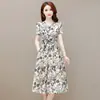 Vestido estampado de seda gelada 180g feminino de verão manga curta afina a cintura moda plus size saia longa floral com bolsos
