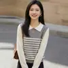 Suéter de Punto Rayado de Color Contrastante para Mujer, Nuevo Estilo de Primavera, Casual, Rejuvenecedor, Cuello Camisero, Jersey, Para Superponer, Falso Dos Piezas, Camisa Polo de Manga Larga