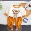 Conjunto de Duas Peças para Meninas Suéter de Algodão com Gola Redonda Laço Manga Longa Calça de Algodão Primavera e Outono 2024 Fabricante Original Atacado