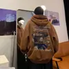 Moletom Oversize High Street Masculino com Capuz Marrom Moderno Americano Outono e Inverno Retrô Veludo Espessado Solto Jaqueta