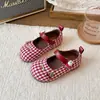 Sapatos Xadrez Femininos Rasos com Bico Redondo, Primavera e Outono, Sola Macia, Velcro, Mary Jane Retrô, Sapatos Infantis, Atacado, Atacado Transfronteiriço