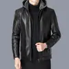 Chaqueta de cuero con forro de terciopelo y capucha desmontable gruesa, abrigo de invierno para hombre, ropa para papá, negocios casual de mediana edad, chaqueta abrigo de cuero PU cálida