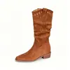 Botas de Gamuza con Tacón Oculto de 7CM, Punta Puntiaguda, Caídas, para Mujer, Otoño Invierno, Nuevas, de Media Pantorrilla, Tacón Grueso, Remaches, Plisadas, Estilo Western