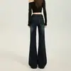 Jeans Azul Oscuro Estilo Americano Micro-Campana para Mujer, Nueva Llegada Otoño, Tiro Bajo, Adelgazantes, Elásticos, Corte Skinny, No Ajustados a las Piernas, Pantalones de Campana