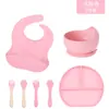 Baberos, Platos, Cubiertos, Cucharas y Tenedores de Silicona para Bebés Transfronterizos, Impermeables y Suaves, Adecuados para Bebés de 10 a 72 Meses, Juego