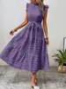 Nuevo vestido de mujer estilo europeo y americano con cuello de encaje con volantes, sin mangas, cintura con lazo, estilo fresco, falda larga con bajo amplio