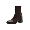Botines retro de tacón grueso con puntera cuadrada y bloques de color de 7 cm para mujer, nuevos botines ajustados de otoño e invierno, botines británicos de tacón alto para mujer