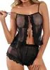 Traje Sexy de Chifón Transparente con Encaje Lencería Sexy Top Delgado de Cintura Alta sin Espalda Shorts Conjunto de Dos Piezas Listo para Usar