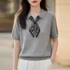 Camiseta de Punto Jacquard Azul de Manga Corta para Mujer con Cuello Polo de Hilo Fino, Suéter Holgado de Manga Media, Prenda Base para Primavera y Verano