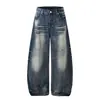 L895 Estilo High Street Americano Unissex Tendência Jeans Lavado com Manchas de Tinta Design com Strass Corte Solto Jeans Masculino em Formato de Cimitarra