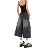 Jeans Cropped de Pierna Ancha para Mujer, Estilo Verano, Lavado Retro, Pantalones Rectos Desgastados, Cintura Semi-Elástica, Shorts Casuales Sueltos