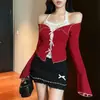 Camiseta Sexy de Encaje con Mangas Largas, Estilo Puro Deseo, Falso Dos Piezas, con Cuello Halter para Mujer, Nuevo Top Rojo Delgado para Otoño e Invierno, para el Año Nuevo