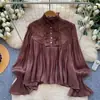 Blusa de retazos de encaje rosa, estilo francés, suave, para mujer, manga larga, corte holgado, top tipo cárdigan con volantes, colección otoño 2026 para mujer