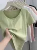 Camiseta de Manga Corta Ajustada con Cuello en U para Mujer, Estilo Veraniego con Diseño de Botones, Largo Corto para Figuras Petites, Top de Algodón Canalé Pure Desire
