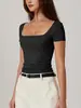 Amazon Transfronterizo Europeo y Americano Top de Mujer Ajustado Adelgazante Ombligo Color Sólido Cuello Cuadrado Camisa Básica Suave Manga Corta Cuello Cuadrado