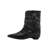 Botas Curtas Versáteis com Bico Fino em Estoque para Mulheres, Estilo Novo com Fivela de Cinto, Botas franzidas empilhadas, Salto Grosso, Botas Calça Estilo Hot Girl Elegante