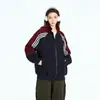 Chaqueta casual de estilo retro americano con bloques de color de tres rayas y cuello alto para mujer, diseño de primavera y otoño, cárdigan sudadera con cremallera, moderno