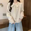 Cárdigan Suéter Abrigo de Punto Peludo con Cordones, Cuello Redondo y Botones de Corazón para Mujer en Color Helado para Otoño e Invierno