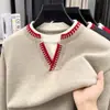 Suéter Color Block com Decote V para Homens, Nova Cor para Primavera e Outono de 2026, Manga Longa de Inverno Quente, Falso Duas Peças, Malha da Moda Tendência