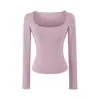 Camiseta de Otoño para Mujer Estilo Puro Deseo con Cuello en U Amplio, Dobladillo Fruncido y Diseño de Bolsillo, Camiseta Base Ajustada