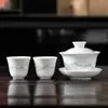 Juego de Té Gaiwan de Tres Piezas con Tazón Único para Infusión, Gaiwan de Porcelana Blanca Kung Fu, Juego de Té de Cerámica con Tapa y Tazas de Degustación para Dos Tazas