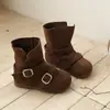 Estilo retro hebilla de cuero esmerilado Botas de cowboy estilo occidental 2026 nuevo estilo tacón bajo botas plegables apiladas botas cortas adelgazantes para mujer