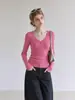 Ummoimoi Camiseta de Manga Larga con Cuello en V Rosa de Alto IQ con Cintura Ajustada para Mujer Estilo Suave de Otoño Corte Ajustado Capa Interior Capa Exterior Top