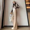 Elegantes Pantalones Anchos de Punto Acanalado con Pliegues Laterales para Mujer, Nuevo Estilo Otoño e Invierno, Corte Holgado, Adelgazantes, Pantalones Anchos de Pierna Larga hasta el Suelo
