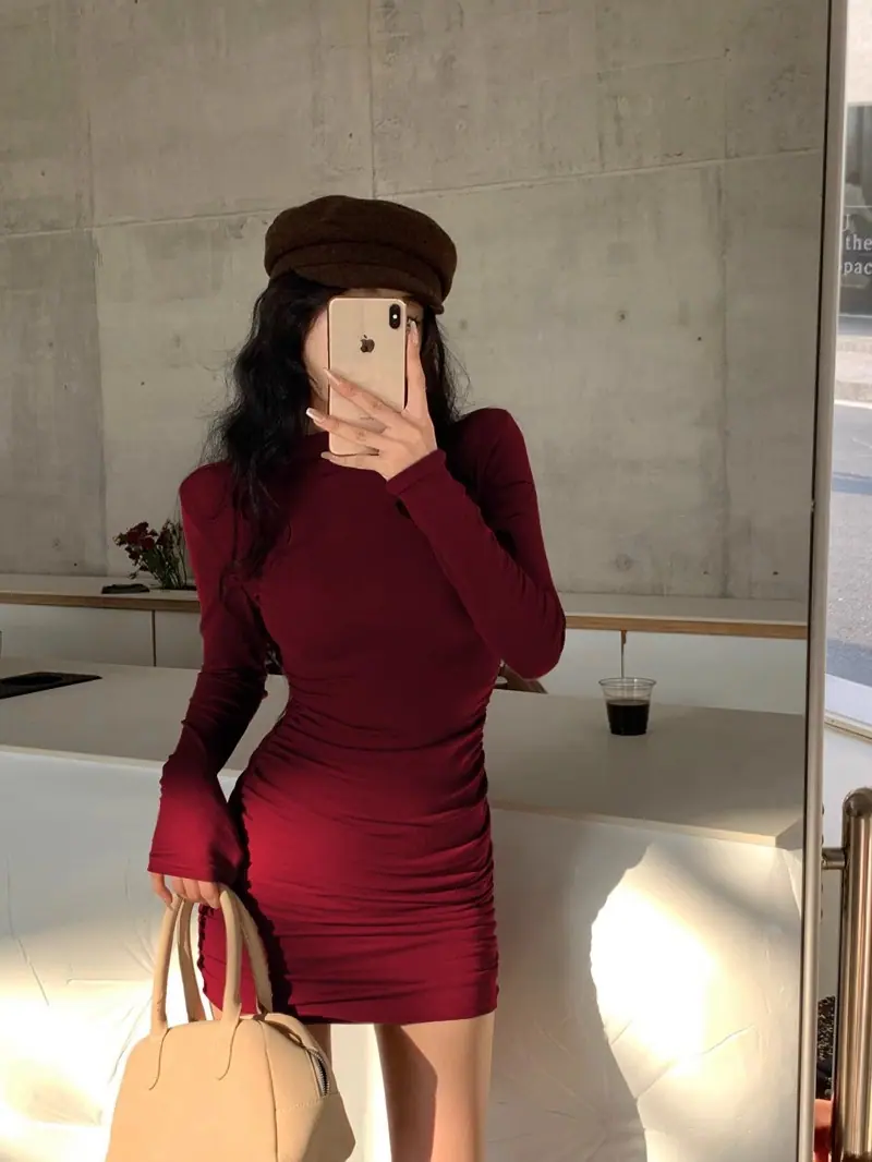 商品详情图_2024新款半高领打底长袖连衣裙女秋冬修身包臀性