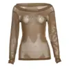 Camiseta de Manga Larga Semi-Transparente con Diseño de Letra de Malla y Pedrería Resistente para Mujer, Diseño de Verano, Estilo Puro Deseo, Corte Ajustado, Cobertura Fina Protectora del Sol