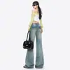 Jeans de campana de tiro bajo estilo retro americano color Naranja Juvenil para mujer, corte ajustado, favorecedores y versátiles